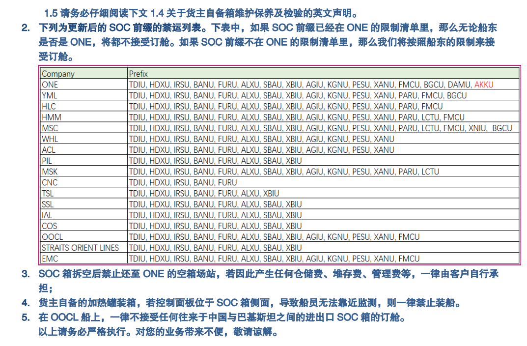 出口注意：ONE發(fā)布貨主自備箱(SOC箱)訂艙規(guī)范通知